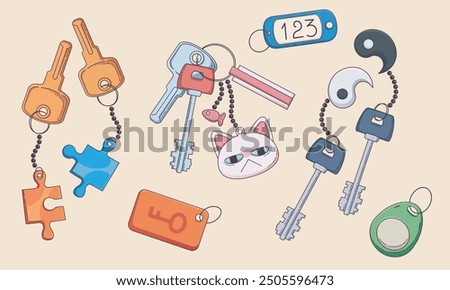 Keychains set with decorations isolated on background. Contemporary vector cartoon illustration of keys with keyring and cat, puzzle shape pendants, room number, magnet lock tag, real estate accessory