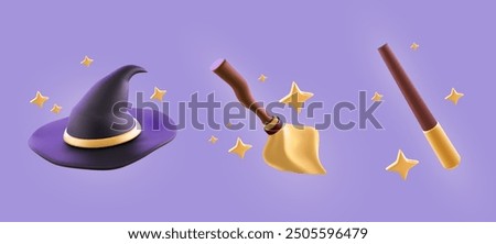 Magic wizard game icons - realistic 3d vector illustration set of magician tools and elements. Dark peaked witch hat, broomstick and mystery wand with stars and sparkles for Halloween design.