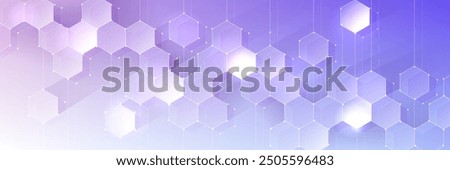 Purple pastel medical and tech background with hexagon pattern and bright sparkles. Realistic vector abstract bg with honeycomb geometric cell texture for medicine and science technology design.