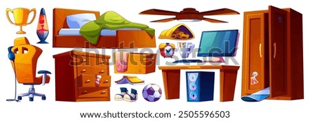 Messy teen boy bedroom furniture set isolated on white background. Vector cartoon illustration of dirty cup, desk and armchair, computer, open wardrobe, clutter in drawer, ceiling fan, night light