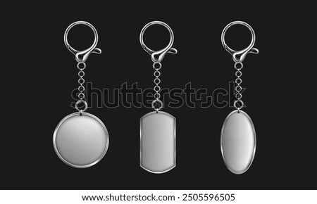 Silver keychain with ring mockup for branding. Realistic vector illustration set of blank grey metal key holder template. Chrome trinket souvenir badge of round rectangle and oval shape.