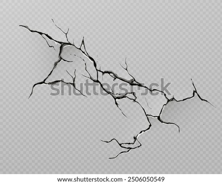 Broken concrete wall or cracked ground texture effect on transparent background. Fissure split hole in drought distressed surface. Realistic 3d vector destruction fracture in cement or paint floor.