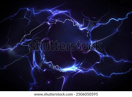 Blue thunder bolt light and electric energy discharge in form of circle on black background. Realistic 3d vector illustration round frame from storm lightning power effect. Thunderbolt strike border.