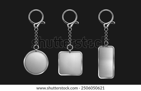 Silver keychain with ring mockup for branding. Realistic vector illustration set of blank grey metal key holder template. Chrome trinket souvenir badge of round rectangle and square shape.