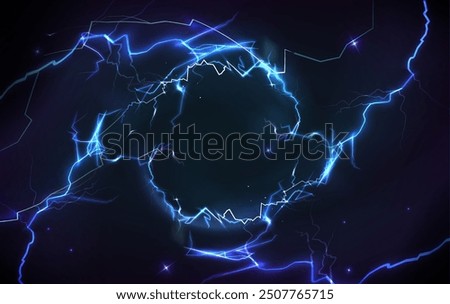 Blue thunder bolt light and electric energy discharge in form of circle on black background. Realistic 3d vector illustration round frame from storm lightning power effect. Thunderbolt strike border.