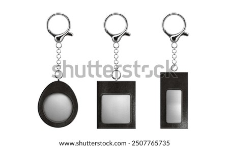 Keychain mockup with silver ring, string and metal with leather pendant. Realistic 3d vector illustration set of chrome key holder with round, square and rectangular charm for accessory branding.