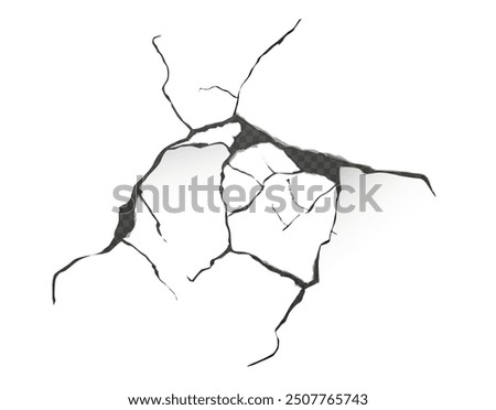 Broken concrete wall or cracked ground texture effect on transparent background. Fissure split hole in drought distressed surface. Realistic 3d vector destruction fracture in cement or paint floor.