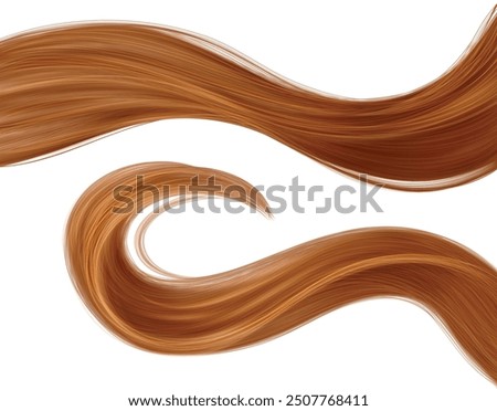 Brown long waved woman hair strand lock. Straight healthy smooth shiny female ponytail for healthcare cosmetic, hairdresser or haircut design. Realistic 3d vector set of wig tail curly sample.