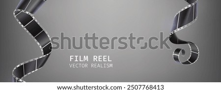 Movie banner with film strip roll on white background with space for text. Realistic 3d vector cinema or photography negative 35mm reel tape. Cinematography and photograph bg with curve filmstrip.