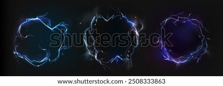 Round lightning frames set isolated on black background. Vector realistic illustration of circular thunder bolt borders glowing in neon colors, electric energy discharge effect, magic power strike