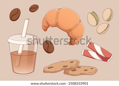 Coffee in plastic takeaway cup with straw and desserts. Cartoon hot caffeine drink to go, fresh baked croissant and cookies with chocolate chis, coffee beans and sachet with sugar, pistachio nuts.