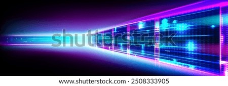 Data center room tunnel with neon blue and pink light glow. Realistic 3d vector illustration of abstract computer server cluster for digital information and database warehouse. Cyberspace banner.