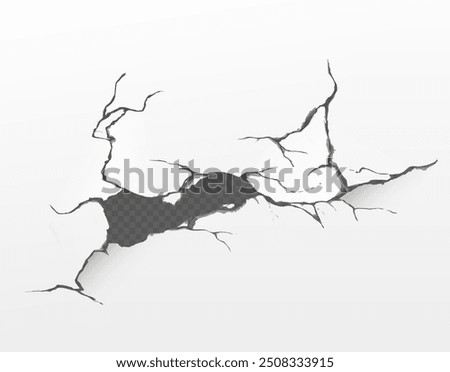 Broken concrete wall or cracked ground texture effect on transparent background. Fissure split hole in drought distressed surface. Realistic 3d vector destruction fracture in cement or paint floor.