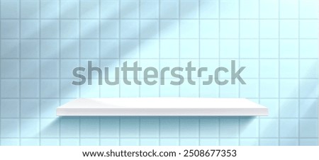 White shelf on blue tile wall with shadow from window. Realistic 3d vector illustration of bathroom or kitchen interior with product podium. Display platform or showcase pedestal with ceramic plate.