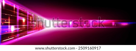 Data center room tunnel with neon blue and pink light glow. Realistic 3d vector illustration of abstract computer server cluster for digital information and database warehouse. Cyberspace banner.