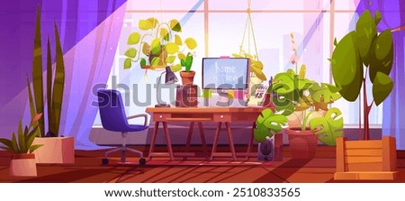 Home office workplace with green plants. Vector cartoon illustration of room interior with workspace by window, computer, lamp and calendar on table, armchair, flower pots, freelancer work space