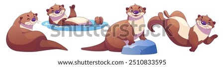 Cute sea otter character. Funny weasel cartoon illustration. Swimming river animal mascot set with cheerful expression and waving gesture collection. Adorable kawaii polecat on rock graphic design