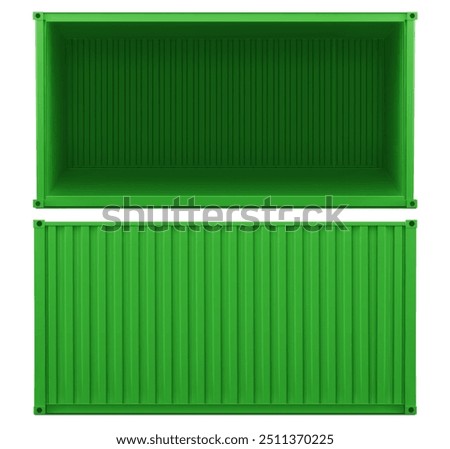 Green ship cargo container. Open storage box side. Export warehouse crate for delivery. 3d large metal truck for shipment from dock. Big industrial trade package mockup realistic graphic set