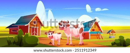 Cow and calf in farm field. Vector cartoon illustration of mother and baby animals grazing green grass on ranch, wooden ladder near house and barn, hay stack, clouds in blue sunny sky, summer farmland