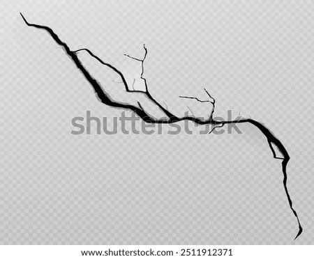 Wall crack texture. Broken ground line effect. Earthquake realistic destruction. 3d floor or glass surface fissure isolated graphic. Ruin concrete or asphalt paint design on transparent background