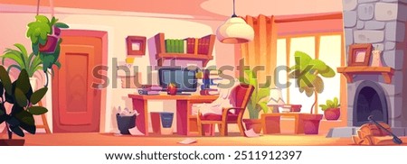 Mess in student's room with fireplace. Vector cartoon illustration of home office workplace with plants, book stacks and folders near desktop computer, papers on floor, room with workspace by window