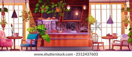 Coffee shop interior design. Modern cafe or bar vector background. Bakery cafeteria with window, counter, menu board and table inside. Empty indoor breakfast space with delicious cake and cappuccino