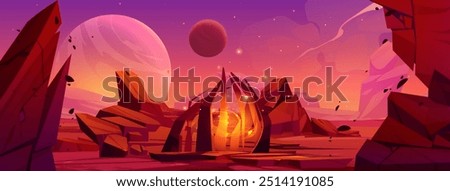 Magic portal with vortex light and sparkles on red alien planet surface with cliff stones and celestial body in sky. Cartoon game ui vector background with wizard fantasy world teleport door.