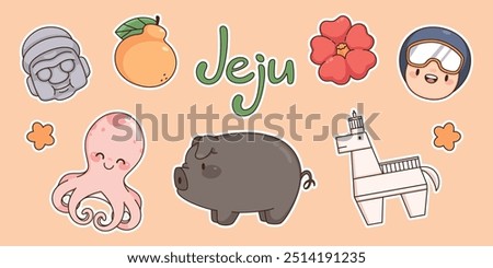 Jeju island traditional elements set - tangerine fruit, red camellia flower, grey stone dol hareubang head, pink octopus, horse shaped lighthouse, haenyeo diver character with happy face, black pig.