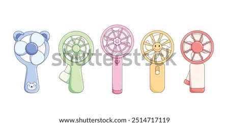 Cute portable handheld electric fan. Cartoon vector illustration set of summer childish hand mini ventilator for air cooling and blowing. Climate equipment with propeller for cool wind airflow.