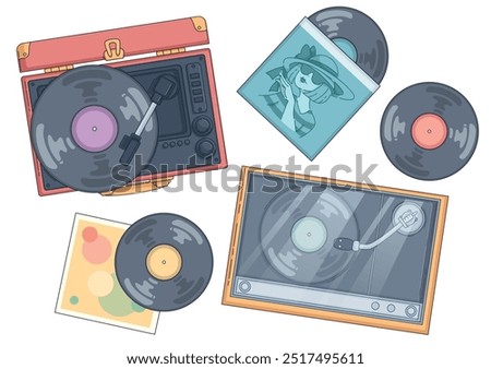 Vinyl record player with old disc plate in cardboard package. Cartoon vector illustration set of retro music player and disk in cover top view. Vintage phonograph with radio. sound equipment.