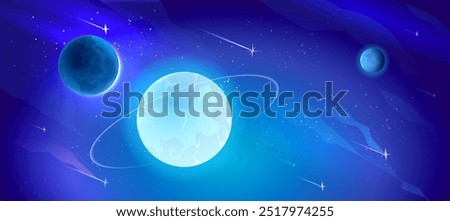 Blue outer space background with stars and nebula, neon glowing planets with orbit and falling asteroids. Cartoon vector illustration of cosmos bg with celestial bodies. Fantasy astronomy backdrop.