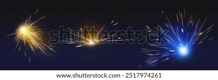 Weld starburst fire and spark effect on dark background. Flare from work of electric welding machine for metal surface. Realistic 3d vector set of sparkler circular flame with flying lightnings.