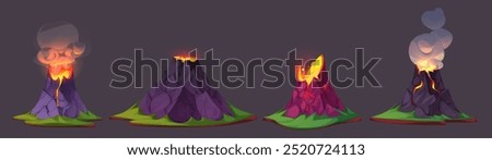 Volcano eruption with flowing lava and smoke cloud on island. Cartoon vector illustration set of game ui Jurassic period landscape elements. Rock mountain erupt and explode with hot orange magma.