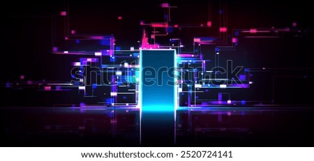 Future door background. Digital futuristic neon light for opportunity. Open matrix portal to innovation space. Education through doorway for cyber science discovery design. Pixel hud graphic