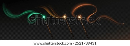 Magic wands set with sparkling swirls isolated on transparent background. Vector realistic illustration of sticks with neon green, yellow, orange light trail, fairytale energy motion, miracle power