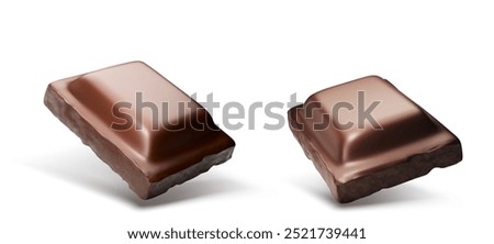 Chocolate bar pieces flying in air. Realistic 3d vector illustration set of dark brown cocoa sweet dessert. Square black or milk choco candy broken chunk. Falling delicious confectionery product cube.