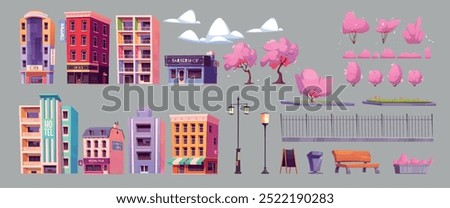 Spring city street building, bush and tree png set. Miami apartment, resort hotel and restaurant vector objects. Flowerbed for urban illustration. Town wooden bench and fence isolated elements