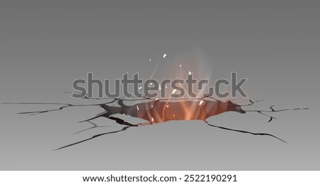 Broken ground or wall concrete surface with hole, cracks and volcanic glow from behind it with smoke and sparkles. Realistic 3d vector illustration of floor or land fracture with fire light effect.