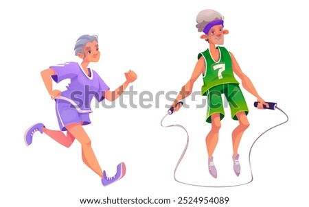 Active senior woman and man doing cardio training. Cartoon vector set of happy smiling energetic old people during sport workout exercises. Grandmother running and grandfather jumping with rope.