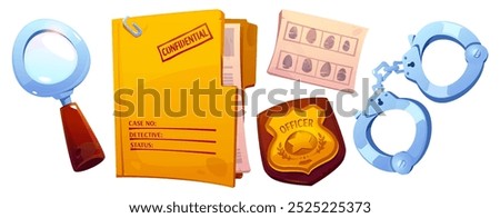 Detective or spy character equipment. Cartoon vector set of investigator tools - magnifying glass, handcuffs and police officer badge, folder with confidential paper information and fingerprints.