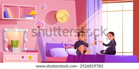 Teenagers sitting on bed in pink bedroom. Vector cartoon illustration of teen boy and girl playing with magnifying glass in room with mirror and drawer, siblings having fun at home, daylight in window