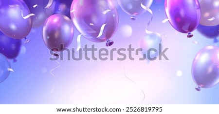 Purple birthday or anniversary horizontal banner with flying helium balloons and confetti ribbons. Realistic 3d vector illustration of holiday surprise celebration and congratulation template.