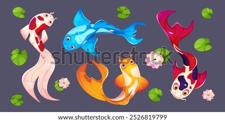 Top view on koi fish with lotus leaves and flowers for Japanese or Chinese traditional pond and aquarium creation. Cartoon vector set of golden and blue, red and white oriental underwater animals.