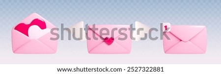 3d love letter - closed and open pink paper envelope with heart shapes, white wings and notification icon. Cartoon realistic vector illustration set of cute romantic post mail for St Valentine day.