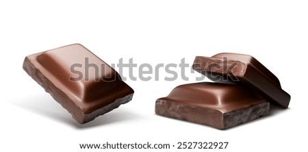 Chocolate bar pieces flying in air. Realistic 3d vector illustration set of dark brown cocoa sweet dessert. Square black or milk choco candy broken chunk. Falling delicious confectionery product cube.