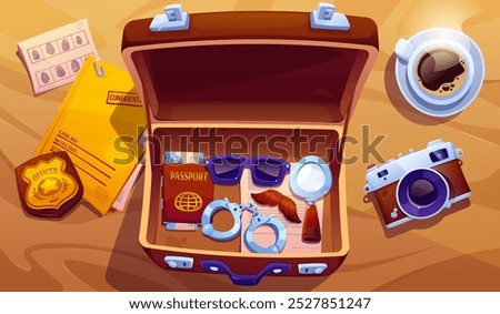 Detective or undercover agent character equipment. Cartoon vector investigator tools in open briefcase on table. Top view on confidential information in folder, camera, documents and handcuffs.