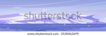 Arctic winter landscape. Vector cartoon illustration of cold nordic sea or lake water with ice, snow flying in frosty air, piles of floe and glacier on hills, dull blue sky, north pole background