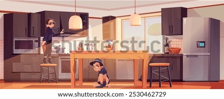 Children looking for sweets in kitchen. Vector cartoon illustration of teen girl and boy in black spy suits searching drawer, sitting on floor under table, naughty teen siblings playing together