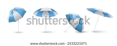 White and blue beach umbrella mockup. Realistic 3d vector set of blank sunshade parasol for branding and advertising. Safe summertime leisure protection accessory in different angles of view.