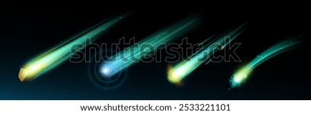 Comet or asteroid fire light trail in space vector. Meteorite fall with flame speed. 3d realistic fireball with dust and sparkle. Glow neon shooting star illustration. Fantasy falling rocket tail